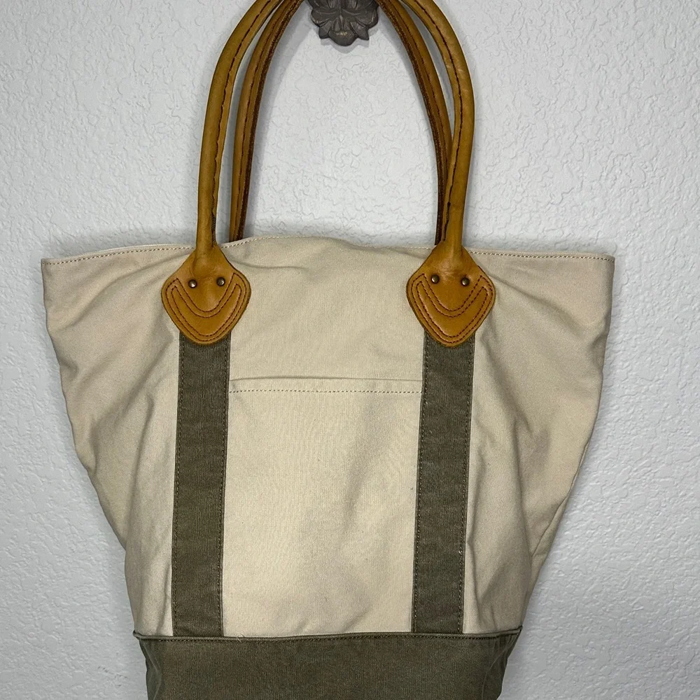 LL Bean Canvas Tote Bag with Tan Leather Handles - Picture 1 of 9